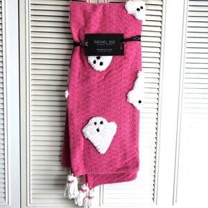 NWT Rachel Zoe Pink Knitted Throw Blanket With Plush White Gosts Halloween Decor